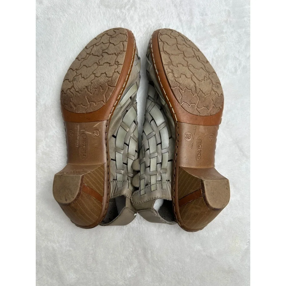 Rieker Sina Antistress Woven Leather Slingback Sandals‎ Taupe Block Heel 38 7.5